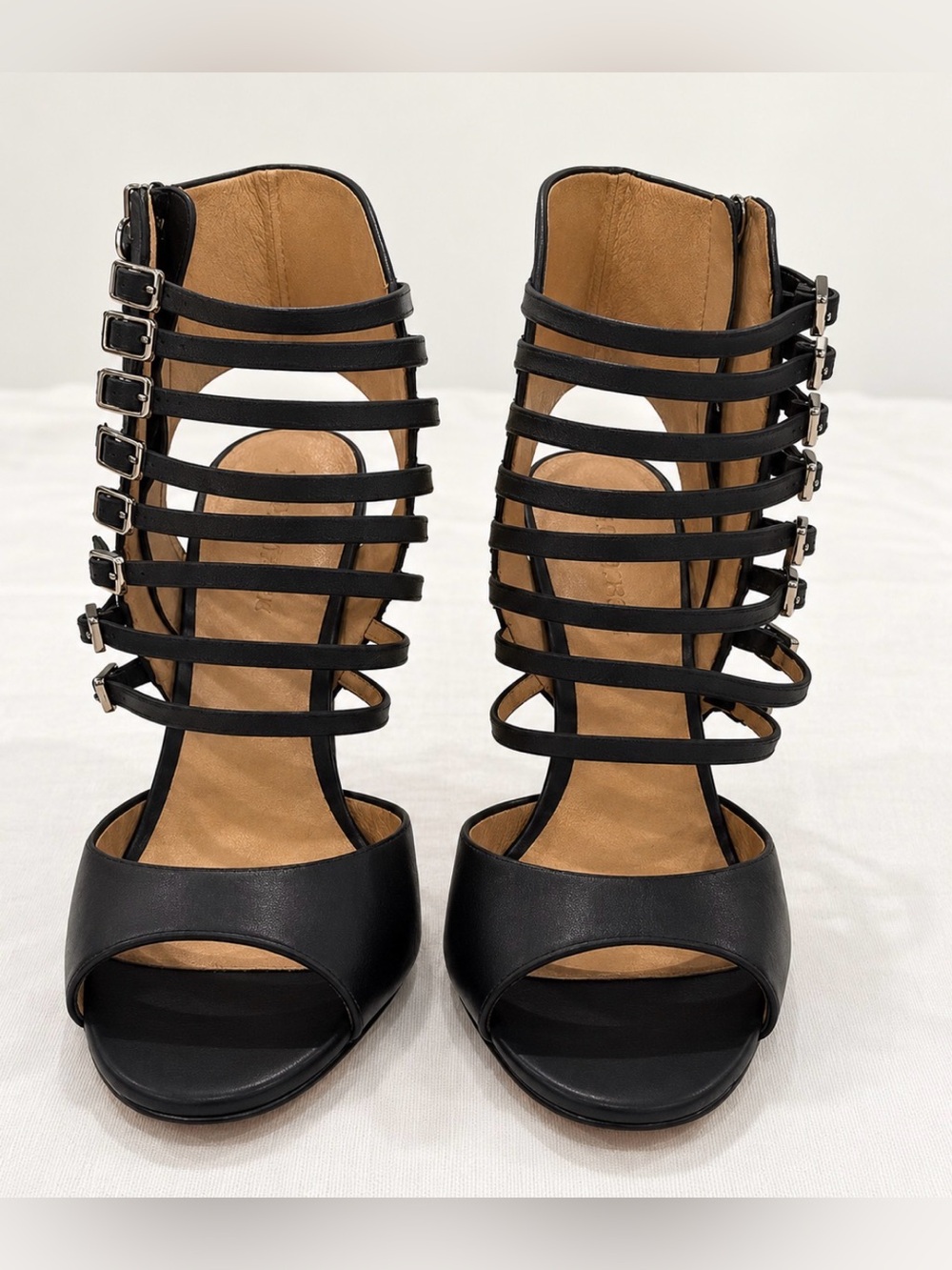 L.A.M.B. Kamy Black Leather Caged Buckle Stiletto Heels 8.5 M
